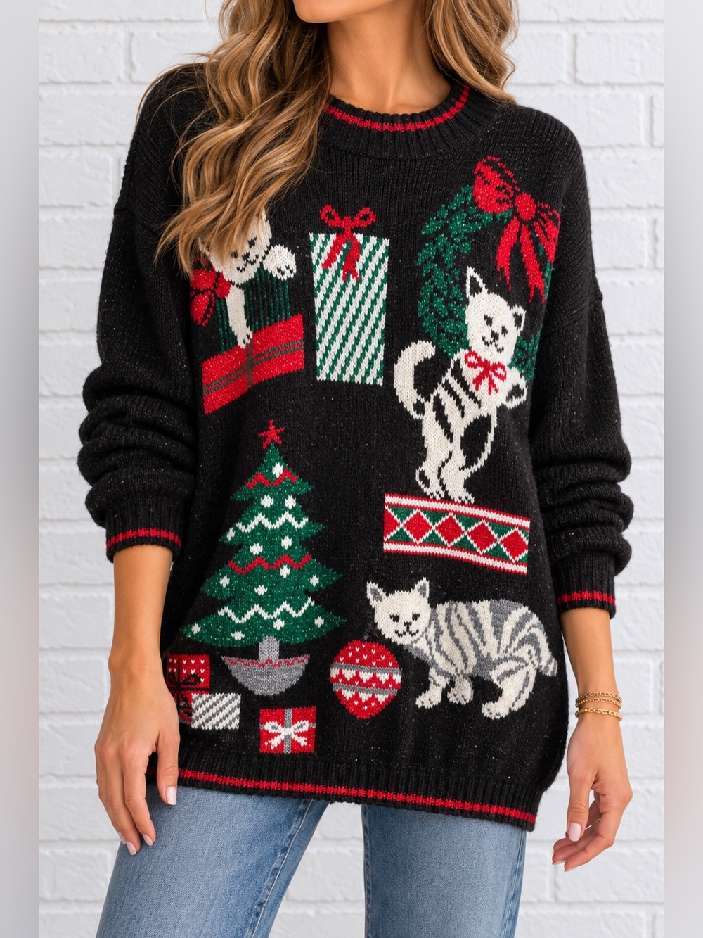 Vintage 80s NutCracker Cat Christmas Sweater L Black Kittens Holiday